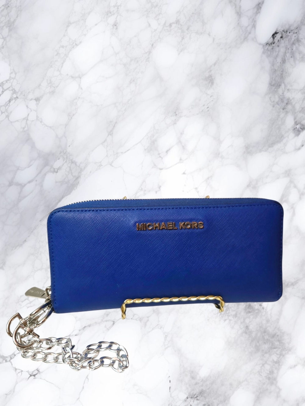Michael Kors Royal Blue Saffiano Leather Zip Around Wallet Wristlet Large